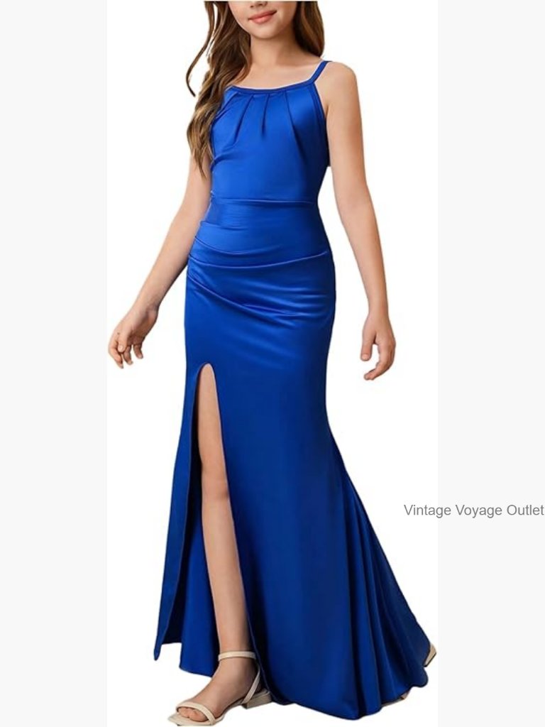 Girls Satin Spaghetti Strap Maxi Dress With Slit Mermaid Formal